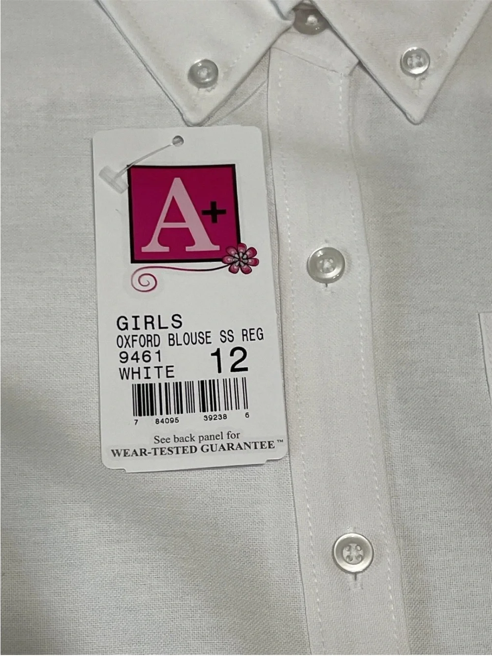 A+ School Apparel Uniform Girls Oxford Blouse Shirt SZ 12 SS White Button Collar